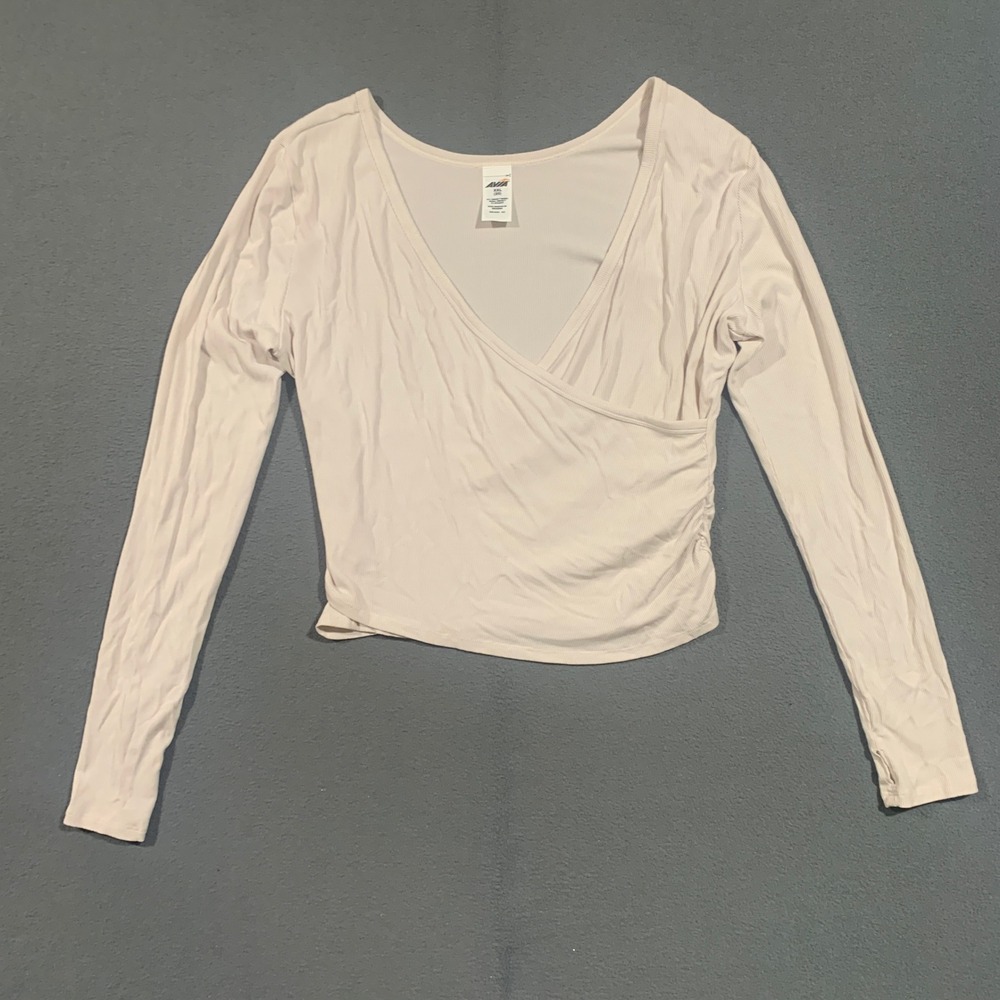 90s Avia Womens XXL Ribbed Faux Wrap Top Long Sleeve V-Neck Ruched Cream Casual